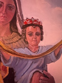 a painting of jesus and a child holding a crown